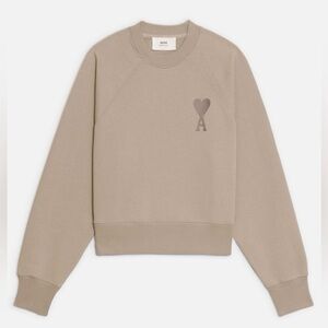 Ami Women’s Cotton Sweatshirt Beige embroidered Crew Pullover Athleisure Sz L
